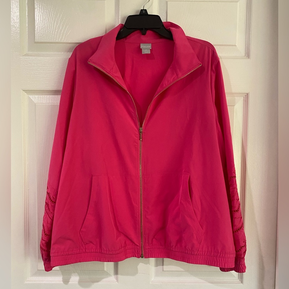 CHICO'S Zenergy Novelty Cutout Jacket Bright Pink Zip Front Embroidered Size 3